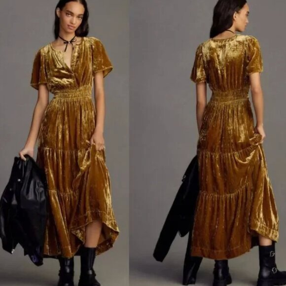 Anthropologie Somerset Maxi Dress Golden Velvet Whimsical Fairy Grunge Like New - Picture 2 of 12